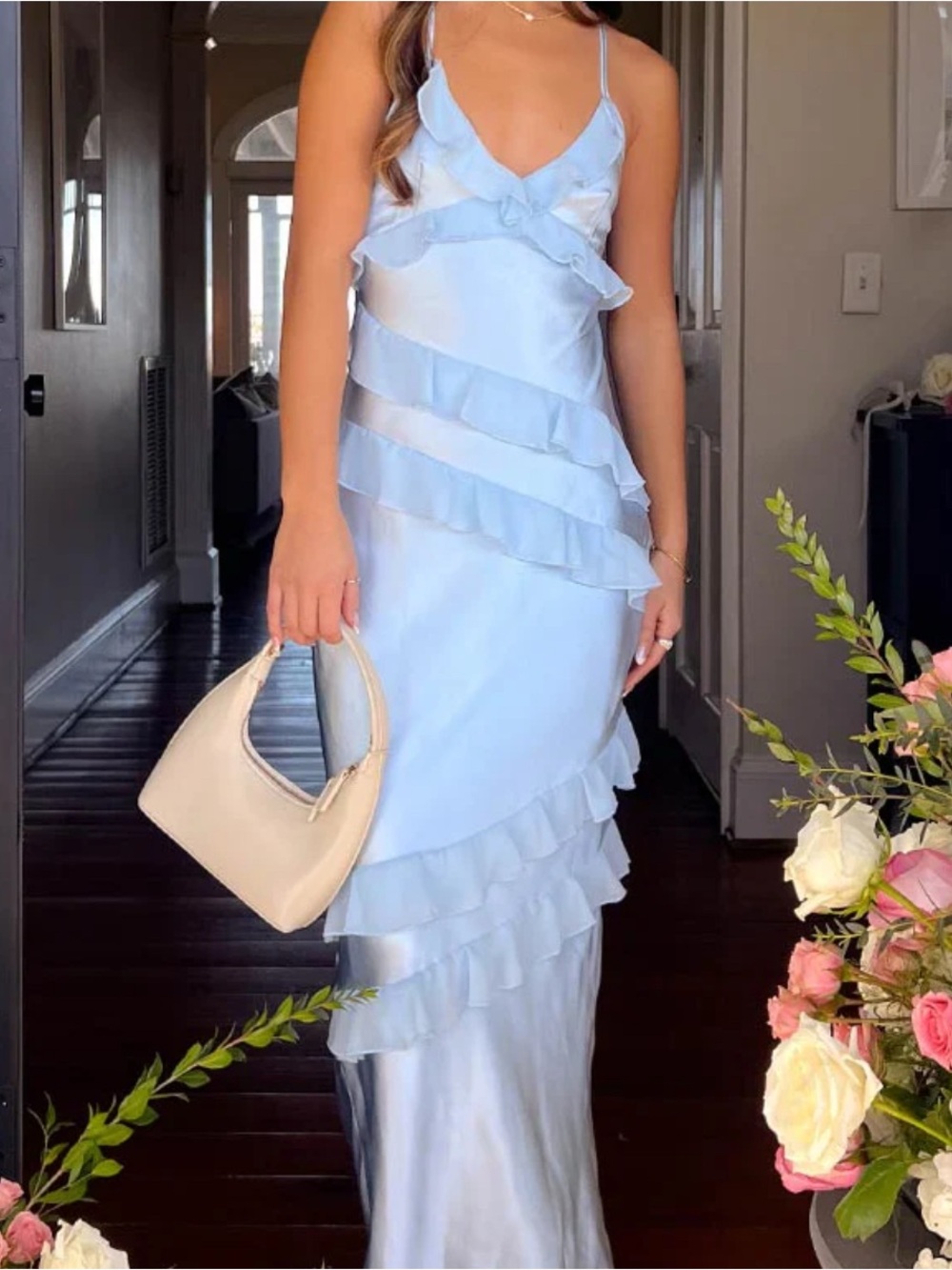 Beginning Boutique Light Blue Satin Maxi Dress